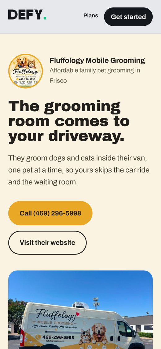 Fluffology Mobile Grooming's page on the Defy website, shown on a phone